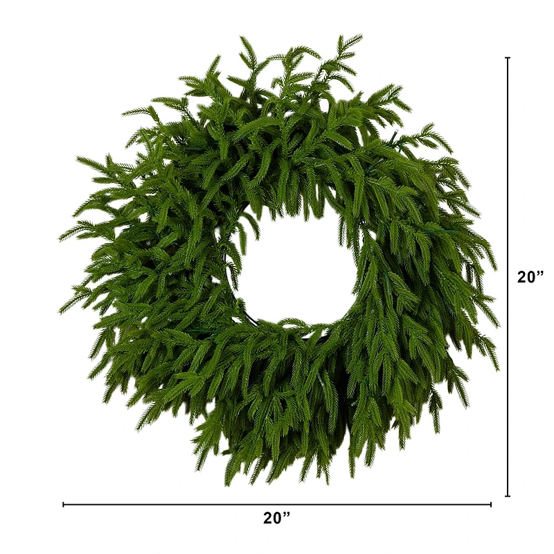 20in. Pre-Lit Artificial Real Touch Norfolk Island Pine Wreath with 35 Warm White LED Lights and Natural Look