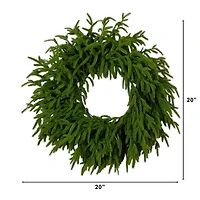 20in. Pre-Lit Artificial Real Touch Norfolk Island Pine Wreath with 35 Warm White LED Lights and Natural Look