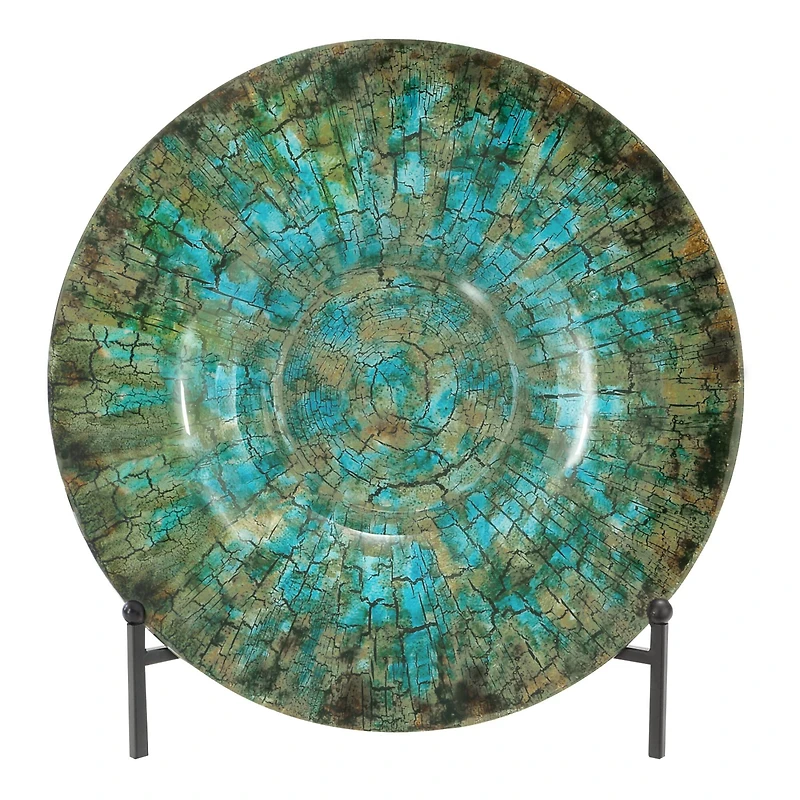 18" Green & Turquoise Glass Glam Decorative Plate with Stand