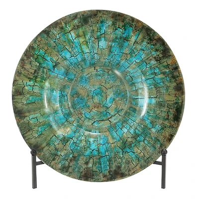 18" Green & Turquoise Glass Glam Decorative Plate with Stand
