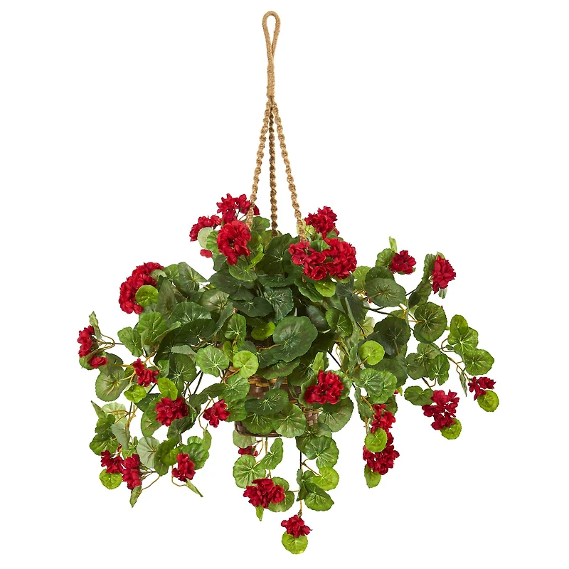 2.2ft. Red Geranium Artificial Plant in Hanging Basket