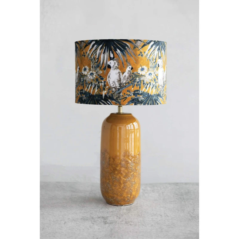 Hello Honey® 21" Reactive Glaze Stoneware Table Lamp with Cockatoo Print Velvet Shade and Inline Switch