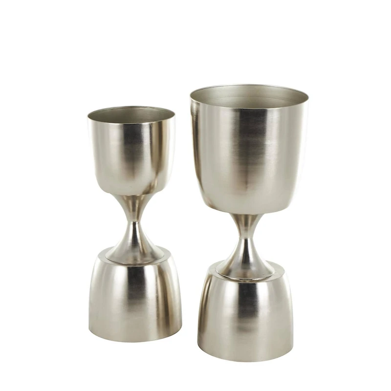 Silver Hourglass Shaped Metal Planter Set with Elevated Base
