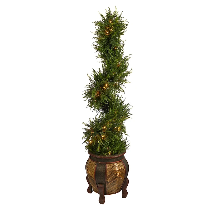 4.5ft. Pre-Lit Spiral Cypress Artificial Christmas Tree in Decorative Planter, Clear LED Lights