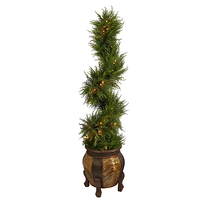 4.5ft. Pre-Lit Spiral Cypress Artificial Christmas Tree in Decorative Planter, Clear LED Lights