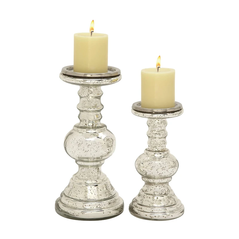 Silver Glass Traditional Candle Holder Set