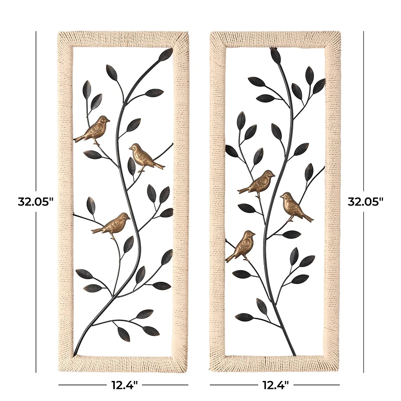 Black Metal Leaf Wall Décor with Cream Rattan Frame and Bronze Bird Accents, Set of 2