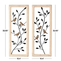 Black Metal Leaf Wall Décor with Cream Rattan Frame and Bronze Bird Accents, Set of 2