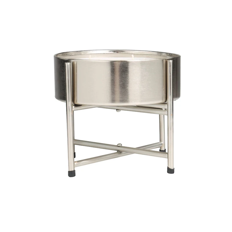 55oz. Sweet Bamboo Scented White 4 Wick Candle in Silver Bowl with Stand