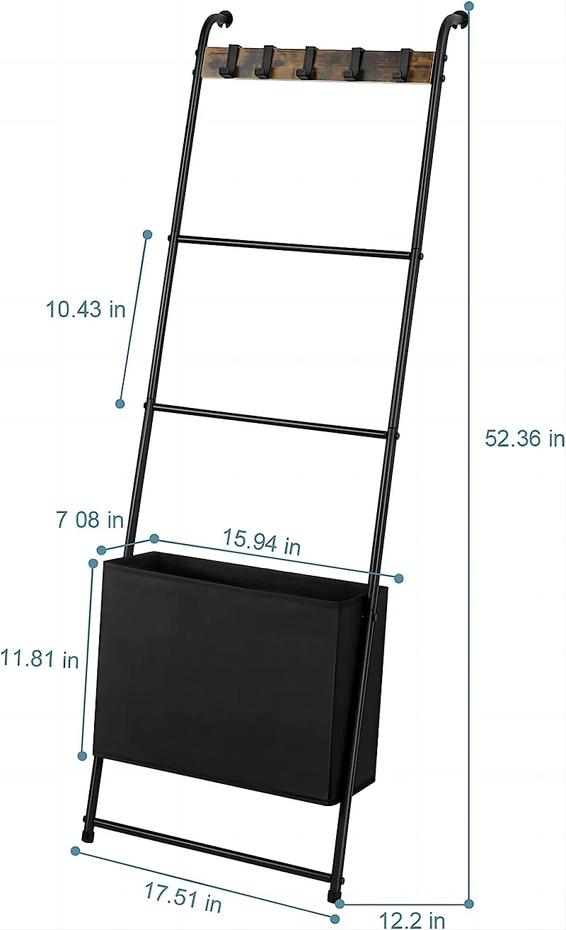 NEX™ 55" Decorative Ladder with 5 Hanging Hooks & Basket