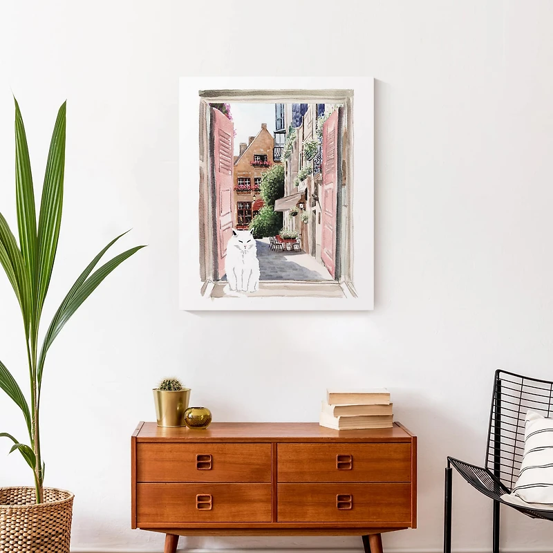 Street View Window With Cat Canvas Wall Art