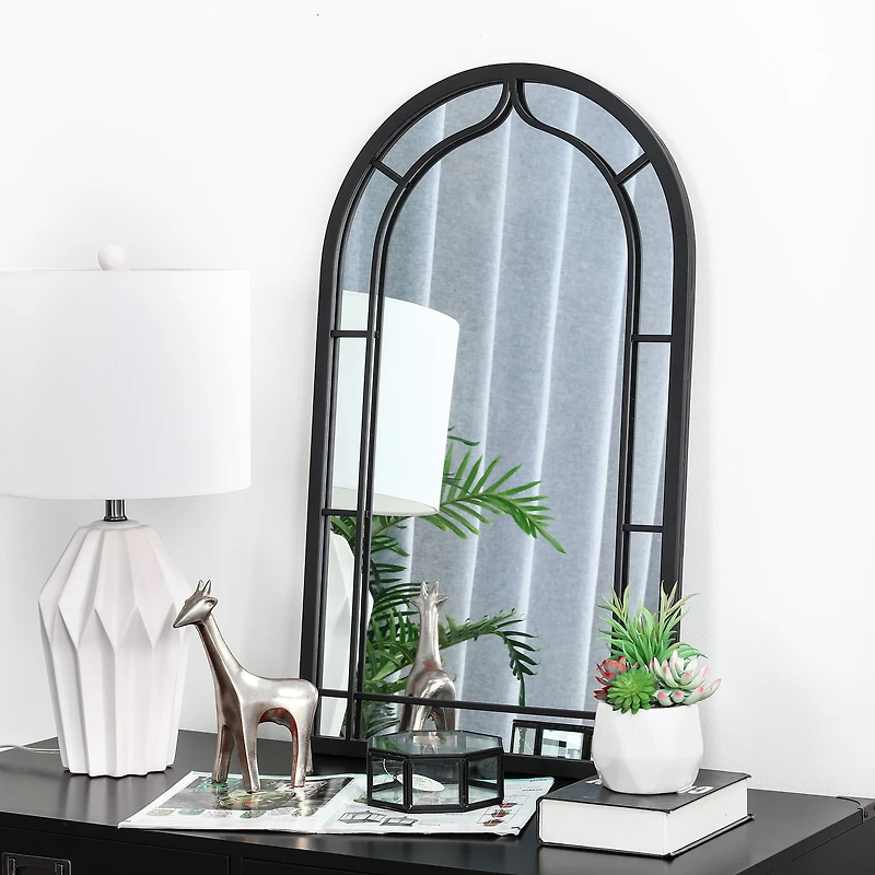 Glitzhome® 33" Black Arched Windowpane Wall Mirror