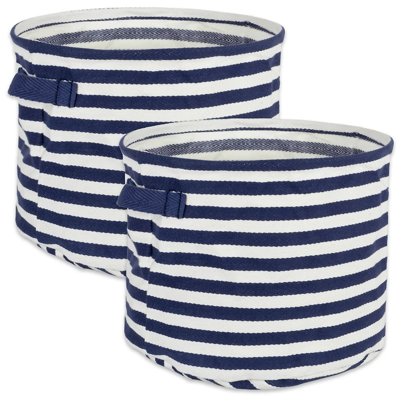 DII® Small French Blue & White Round Herringbone Striped PE-Coated Cotton Laundry Bins, 2ct.