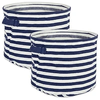 DII® Small French Blue & White Round Herringbone Striped PE-Coated Cotton Laundry Bins, 2ct.