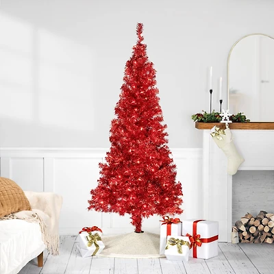 Pre-Lit Red Tinsel Artificial Christmas Tree, Clear Lights