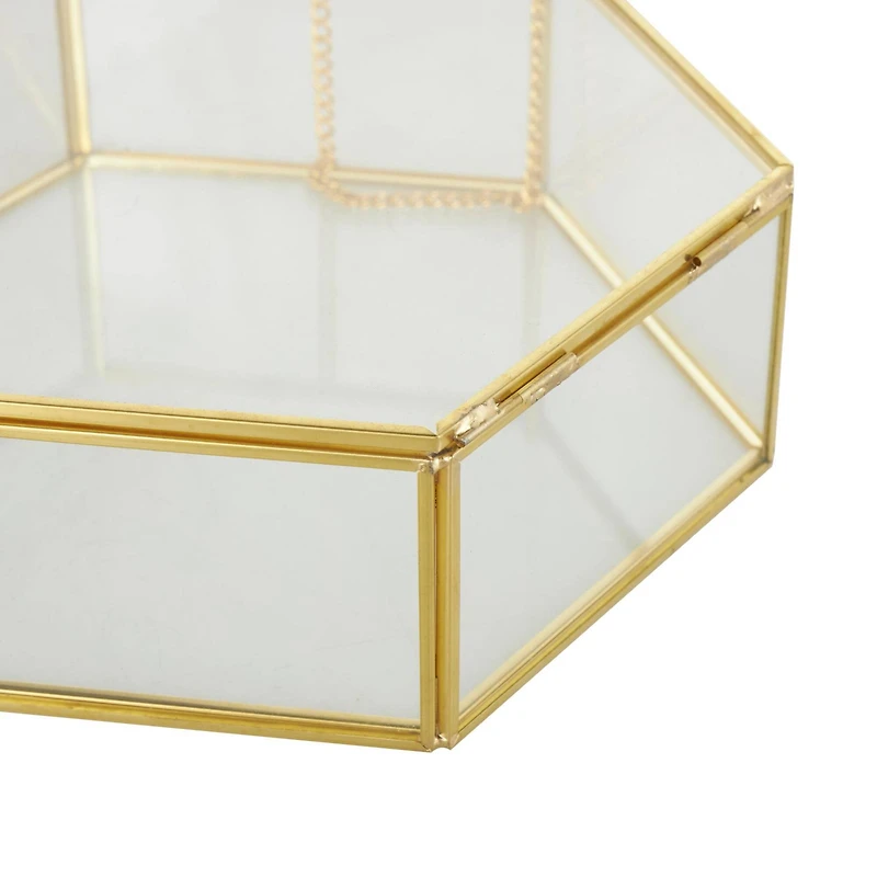 Clear & Gold Glass & Metal Hexagon Jewelry Box with Chain Accent Set