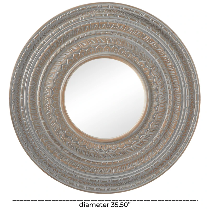 Gray Wood Carved Tribal Wall Mirror 36" x 2" x 36"