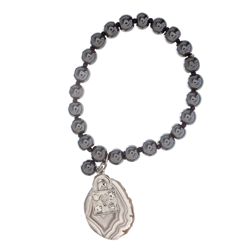 John Bead Hematite Gray Natural Stone Bracelet with Agate & Lock Charm