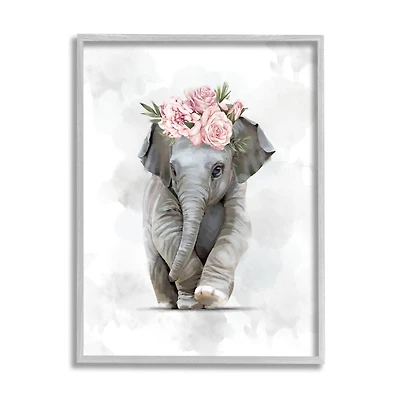 Stupell Industries Adorable Baby Elephant Eye-Catching Pink Flower Crown in Gray Frame Wall Art