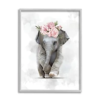 Stupell Industries Adorable Baby Elephant Eye-Catching Pink Flower Crown in Gray Frame Wall Art