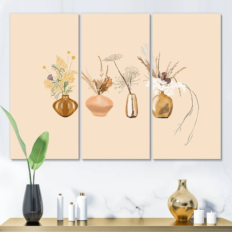 Designart - Bouquets Of Wildflowers In Gold Vases II