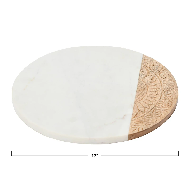 Hello Honey® 12" Round Contemporary Mango Wood & Marble Serving Board with Engraved Design