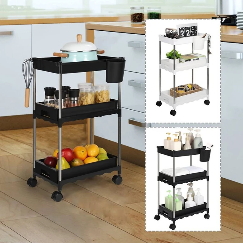 Black 3-Tier Utility Rolling Cart with Sliding Storage Drawer