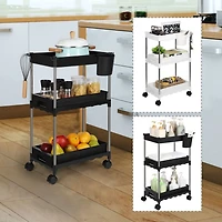 Black 3-Tier Utility Rolling Cart with Sliding Storage Drawer
