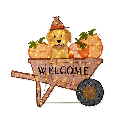 Glitzhome® 36.25" Lighted Fall Pumpkin Wheel Barrow Outdoor Decor with Warm White LED Lights