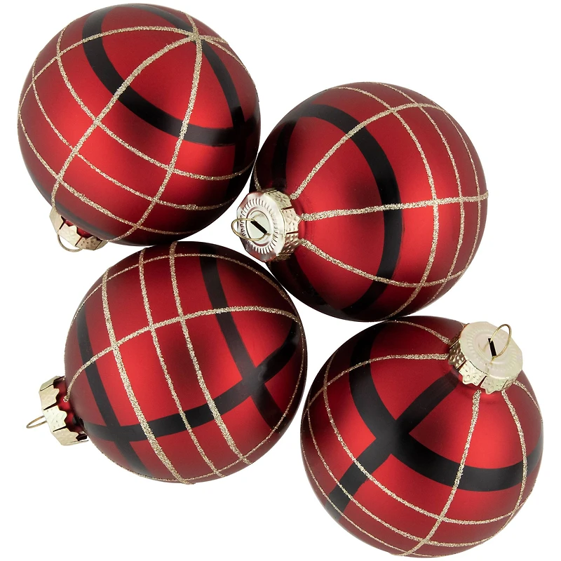 4ct. 3" Red, Black & Gold Plaid Glass Ball Ornaments