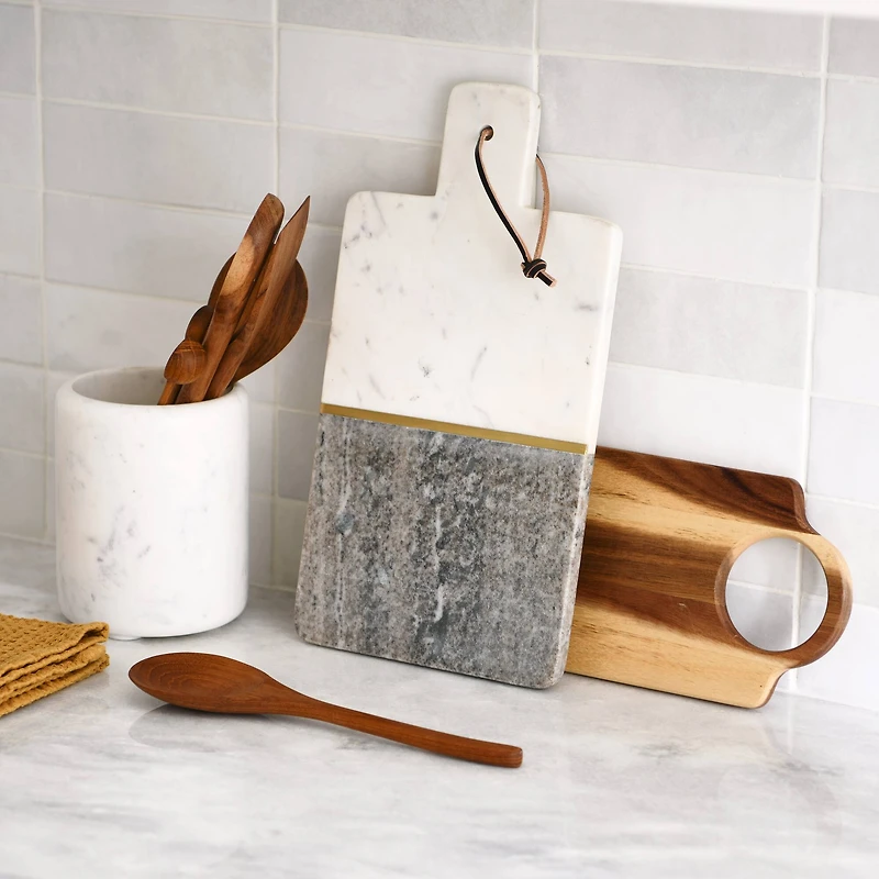 Hello Honey® 15" Gray and White Boho 2-Tone Marble Charcuterie or Cutting Board with Brass Inlay and Leather Tie