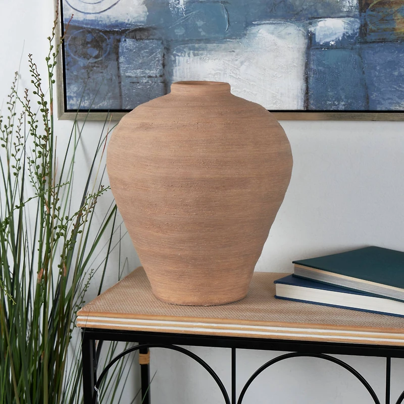 17" Beige Ceramic Wide Textured Vase