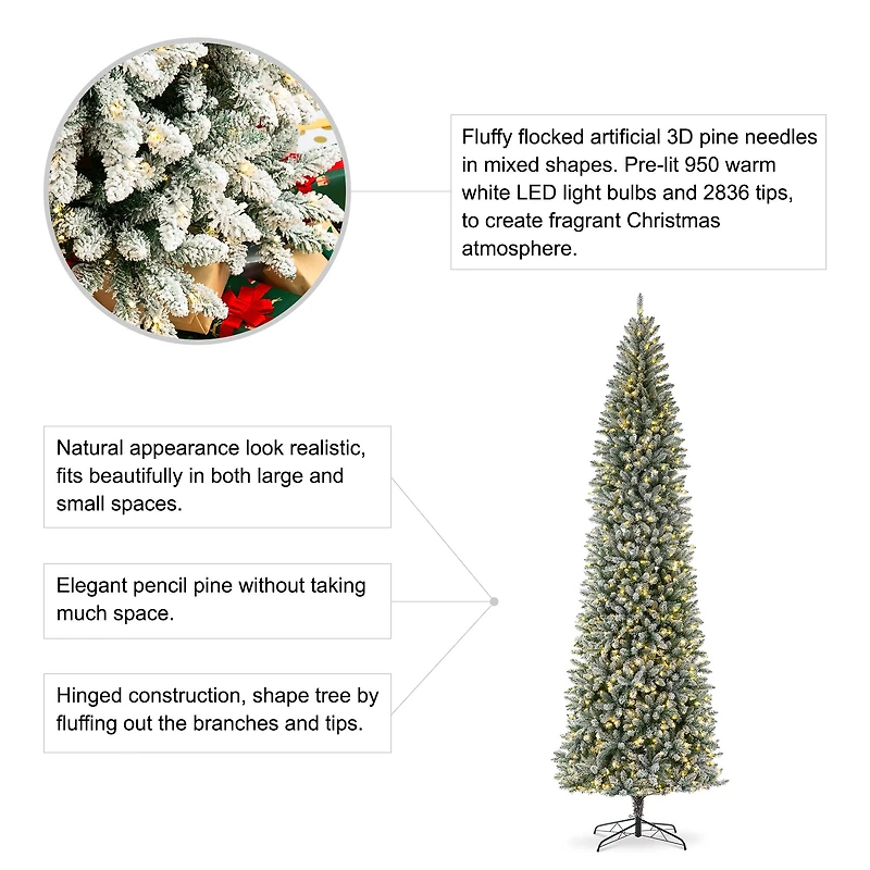 11ft. Pre-Lit Flocked Fir Pencil Artificial Christmas Tree, Warm White LED Lights