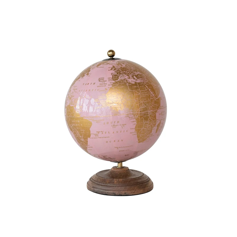 Hello Honey® 10.75" Pink & Gold Metal & Plastic Globe on Natural Mango Wood Stand