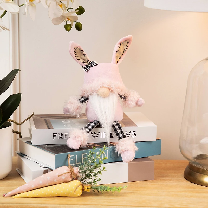 12" Pink Bunny Ears Sitting Easter Gnome with Dangling Legs
