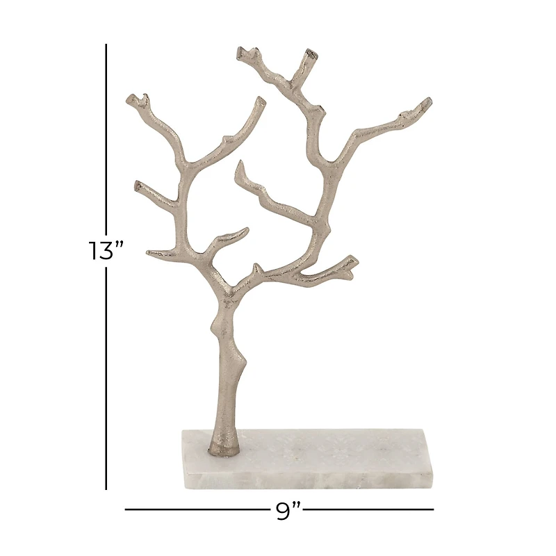 Silver Metal Tree Branch Jewelry Stand With Marble Base, 13" x 9" x 3"