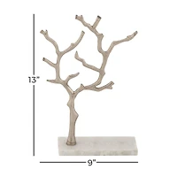 Silver Metal Tree Branch Jewelry Stand With Marble Base, 13" x 9" x 3"