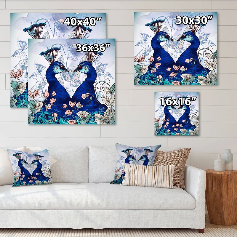 Designart - Two Blue Peacocks With Wildflowers