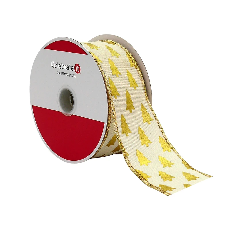1.5" x 30ft. Gold Foil Trees Wired Faux Linen Ribbon by Celebrate It®