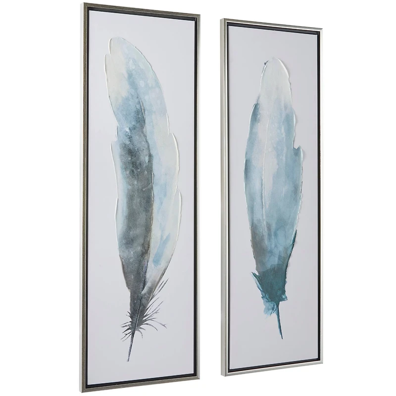 Blue Canvas Feathers Bird Framed Wall Art with Silver Frame Set of 2 16", 47"