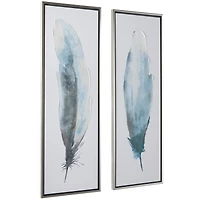 Blue Canvas Feathers Bird Framed Wall Art with Silver Frame Set of 2 16", 47"