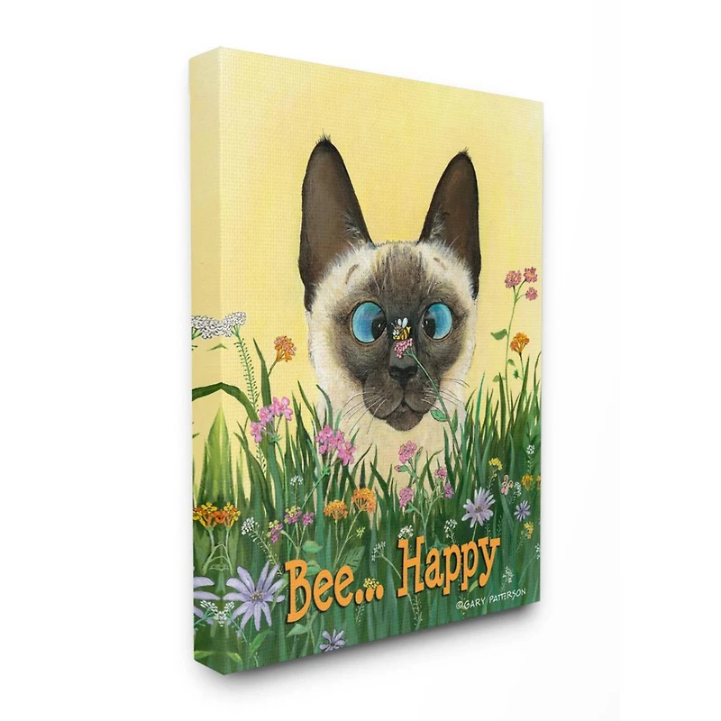 Stupell Industries Bee Happy Funny Cat Cartoon Pet Design Canvas Wall Art