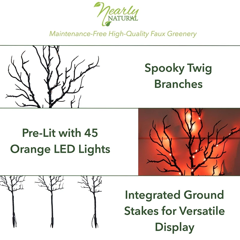 14in. Pre-Lit Artificial Halloween Black Twig Branches with 45 Orange LED Lights and Integrated Ground Stake - Set of 3