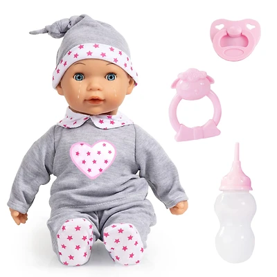 Bayer Design 15" Gray & Pink Hearts Interactive Tears Baby Doll