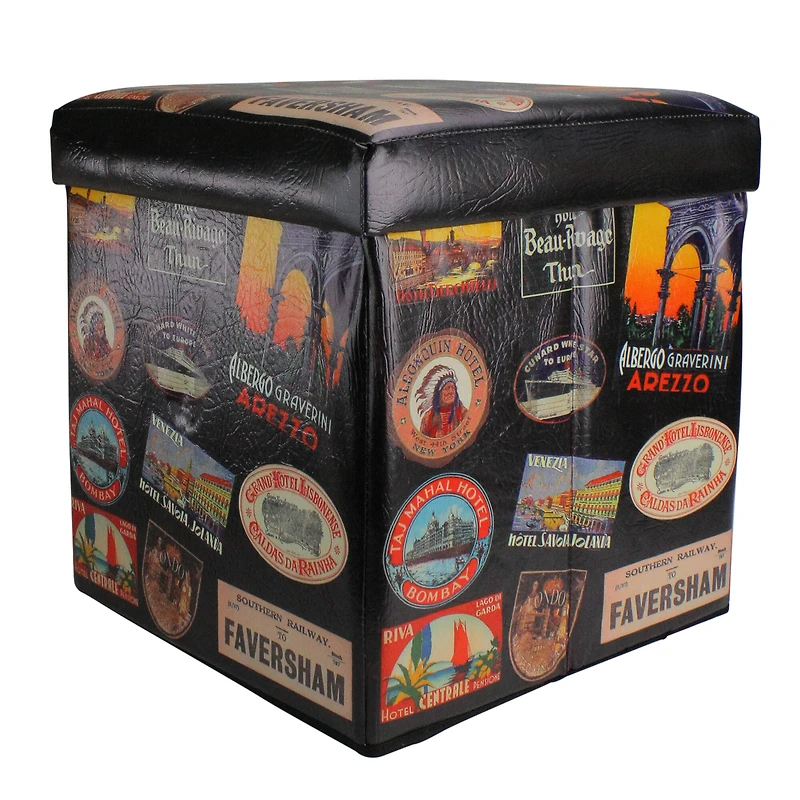 15" Brown with Travel Stickers Collapsible Ottoman