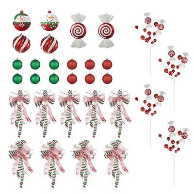 Glitzhome® Whimsical Red & Green Shatterproof Ornaments, Candy Picks & Ribbon Bow Set