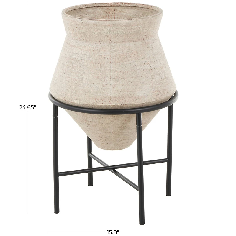 24.5" Beige Metal Wide Vase with Black Metal Stand