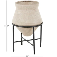 24.5" Beige Metal Wide Vase with Black Metal Stand