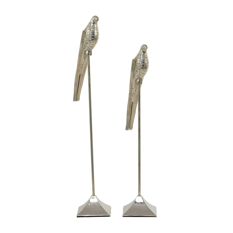 Silver Aluminum Eclectic Bird Sculpture, Set of 2" 34", 29"