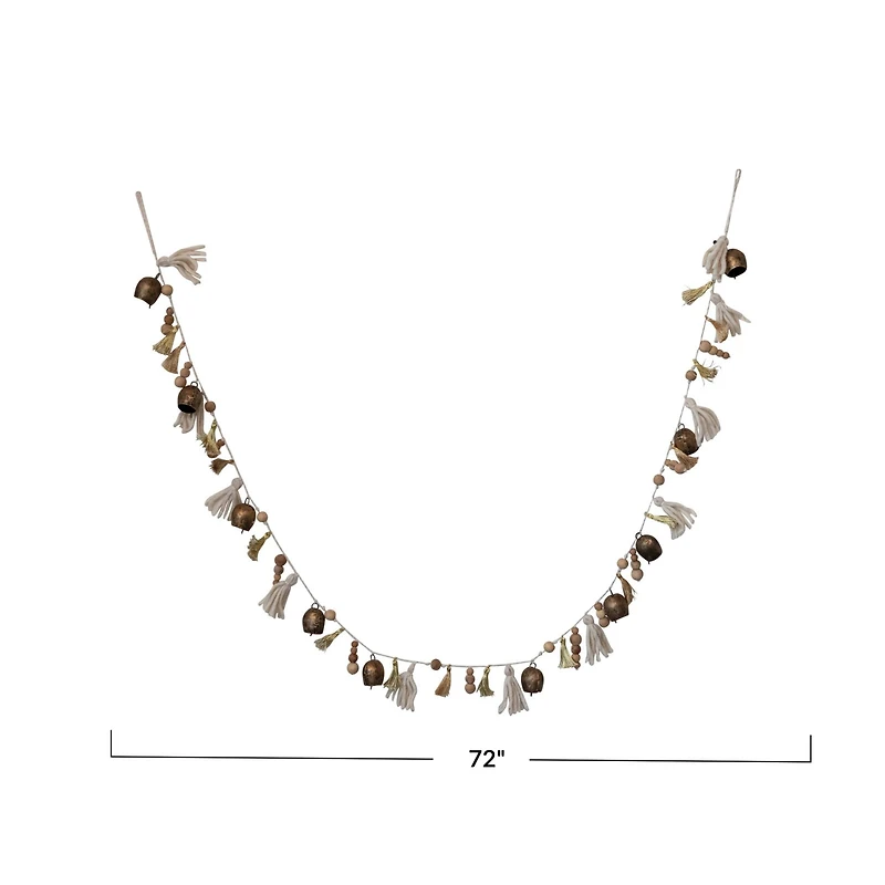 Hello Honey® 6ft. Natural & Antique Brass Handmade Bells, Beads & Tassels Garland